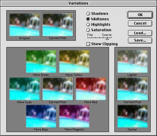 IMAGE: Adobe Photoshop's "Variations" tool, which lets users change hue, saturation, and brightness by clicking on thumbnail images of the changes, as opposed to manipulating numbers and trying to predict the results.